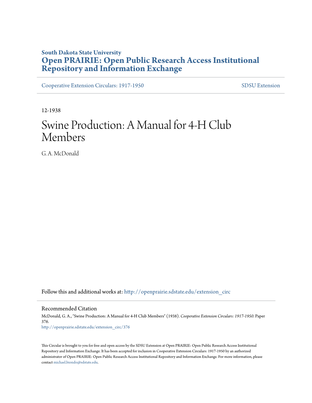 Swine Production: a Manual for 4-H Club Members G