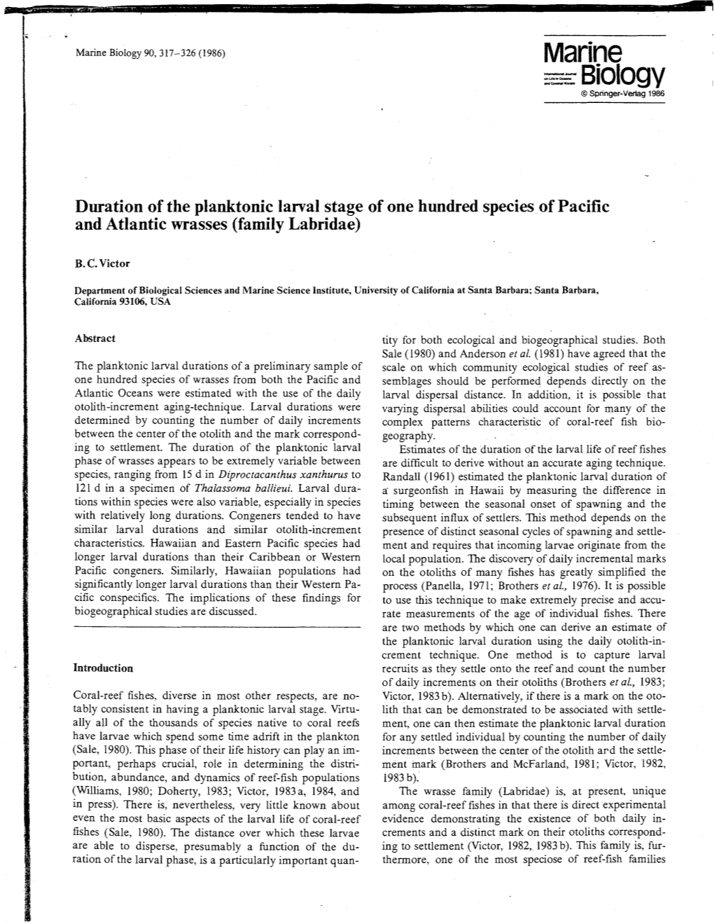 Duration of the Planktonic Larval Stage of One Hundred Species of Pacific and Atlantic Wrasses (Family Labridae)