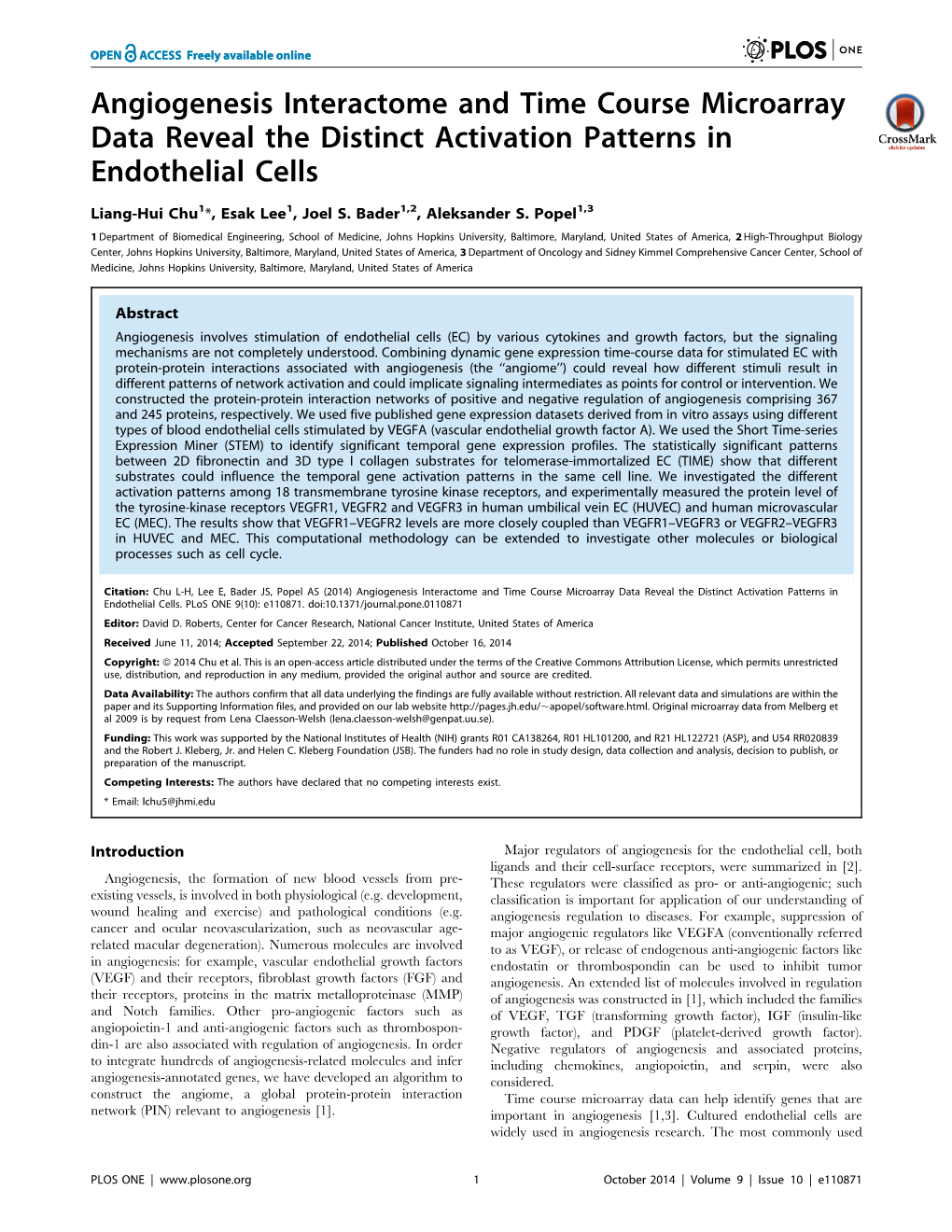 Angiogenesis Interactome and Time Course Microarray Data Reveal the Distinct Activation Patterns in Endothelial Cells