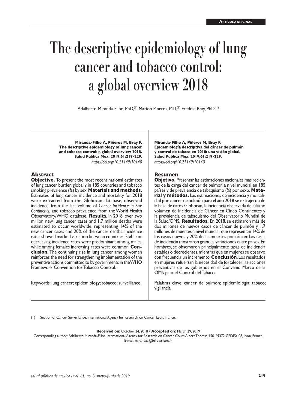 The Descriptive Epidemiology of Lung Cancer and Tobacco Control: a Global Overview 2018