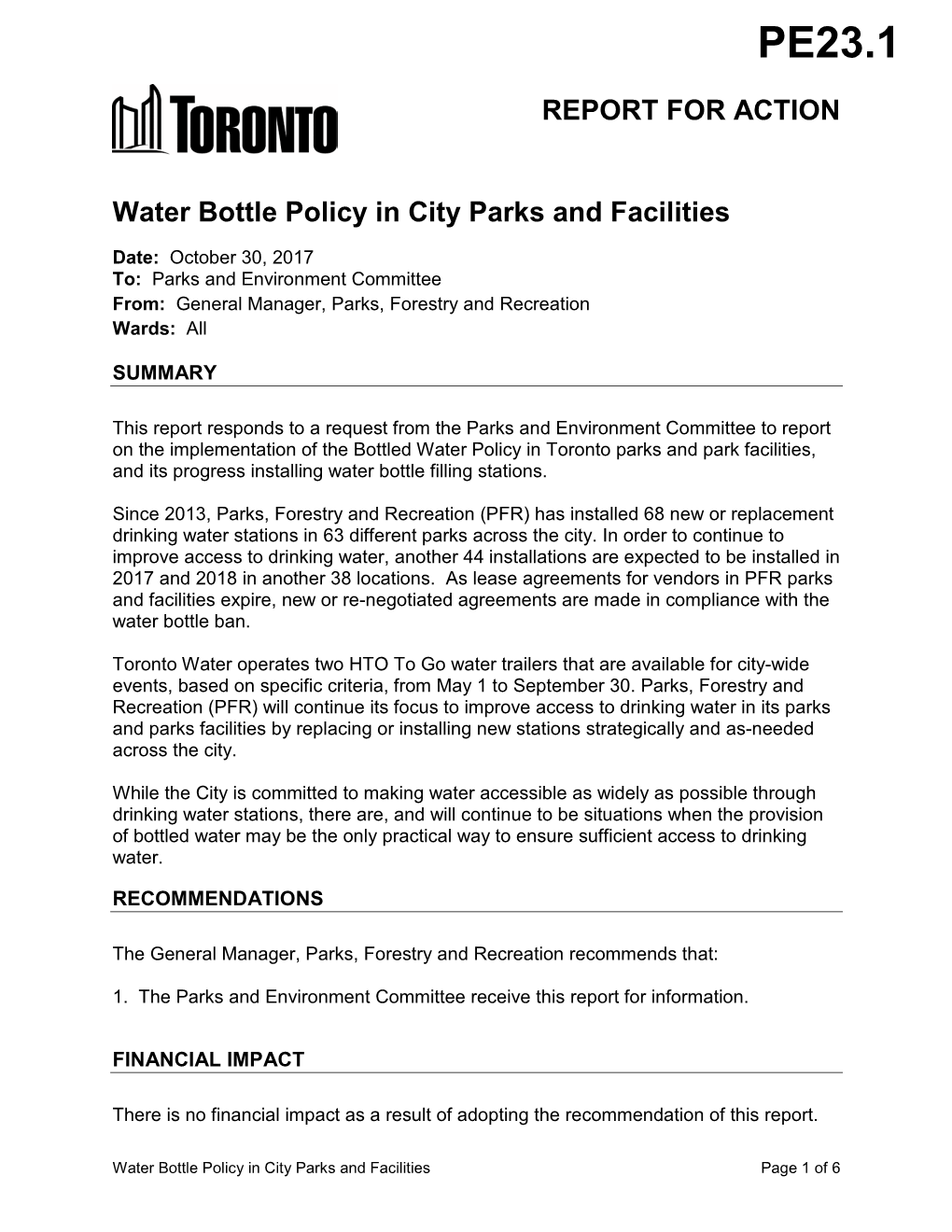 REPORT for ACTION Water Bottle Policy in City Parks and Facilities