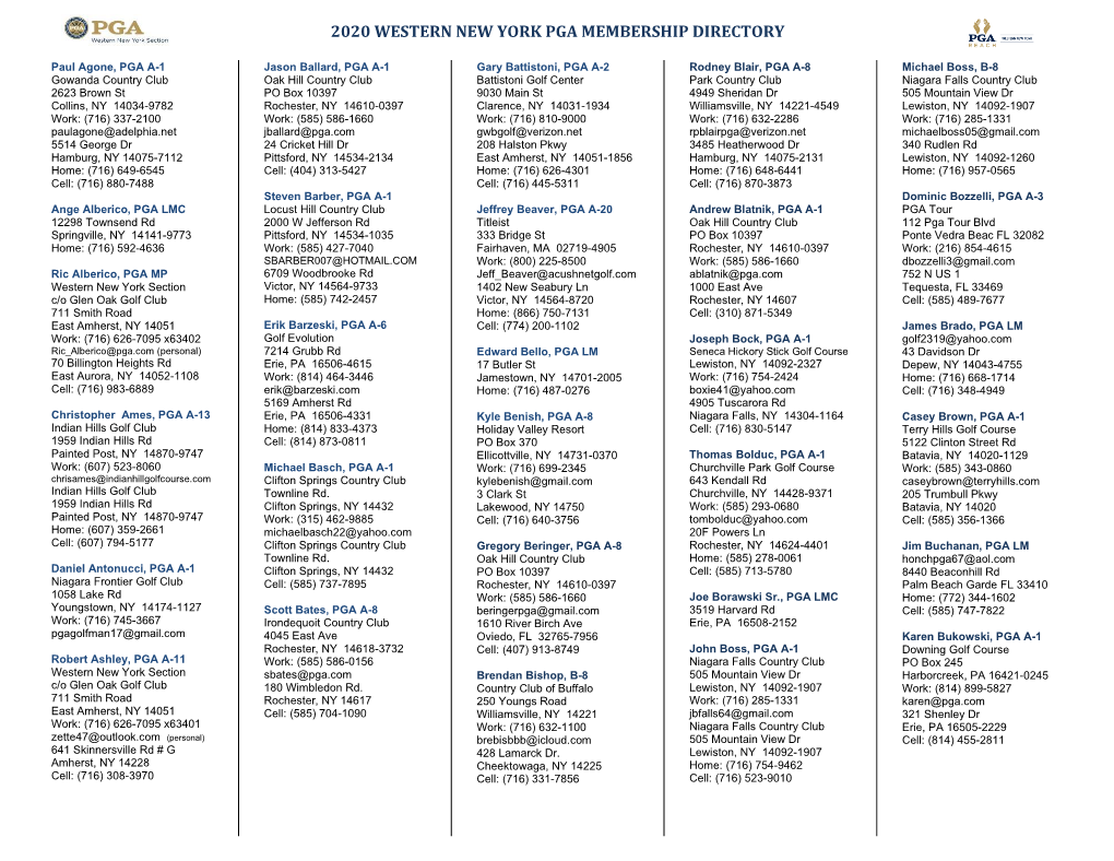 2020 Western New York Pga Membership Directory