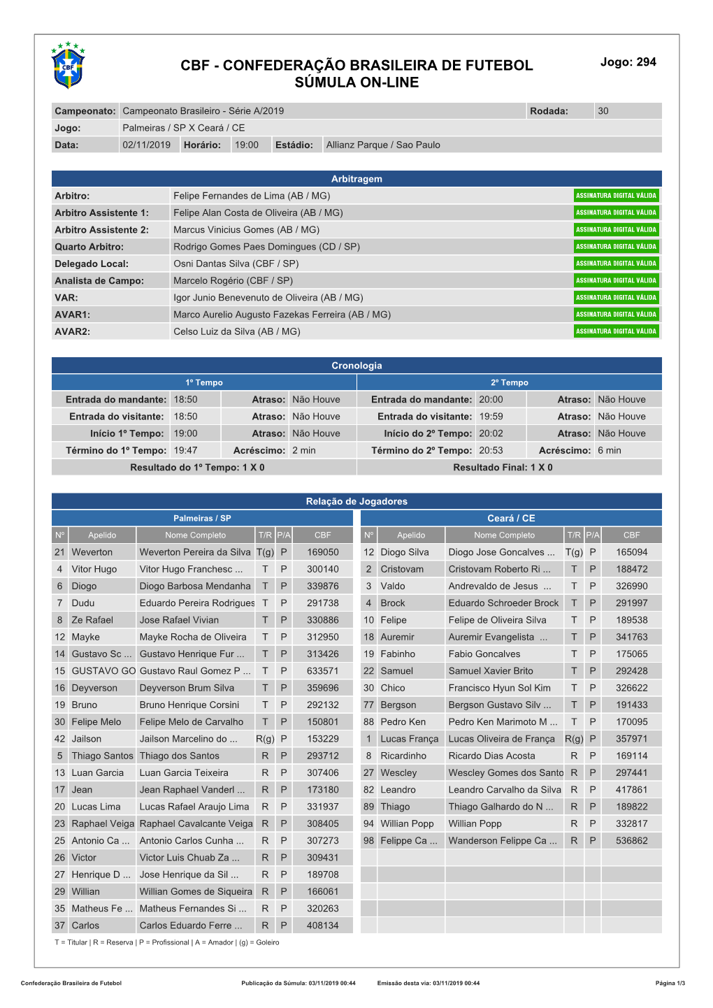 CBF - CONFEDERAÇÃO BRASILEIRA DE FUTEBOL Jogo: 294 SÚMULA ON-LINE