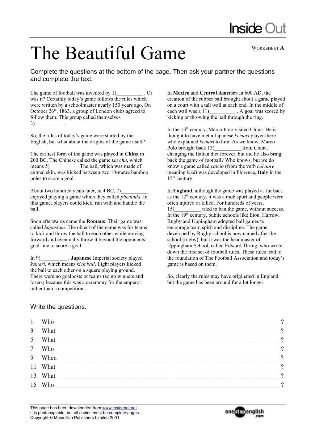 The Beautiful Game WORKSHEET a Complete the Questions at the Bottom of the Page