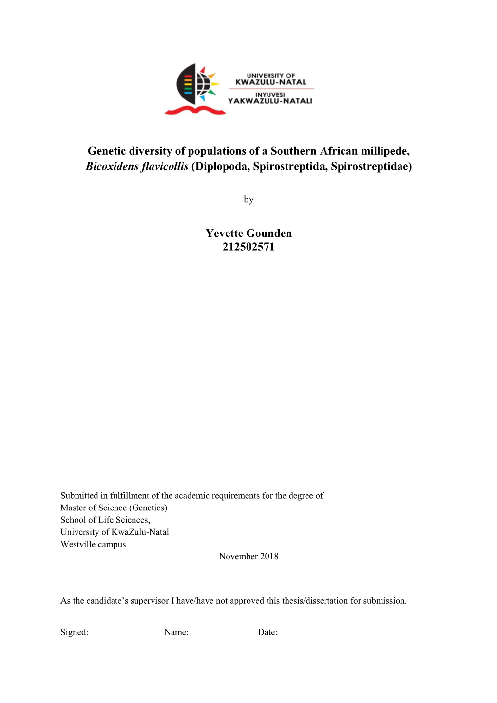 Genetic Diversity of Populations of a Southern African Millipede, Bicoxidens Flavicollis (Diplopoda, Spirostreptida, Spirostreptidae)