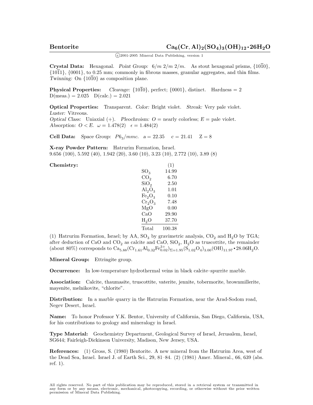 Bentorite Ca6(Cr, Al)2(SO4)3(OH)12 • 26H2O C 2001-2005 Mineral Data Publishing, Version 1