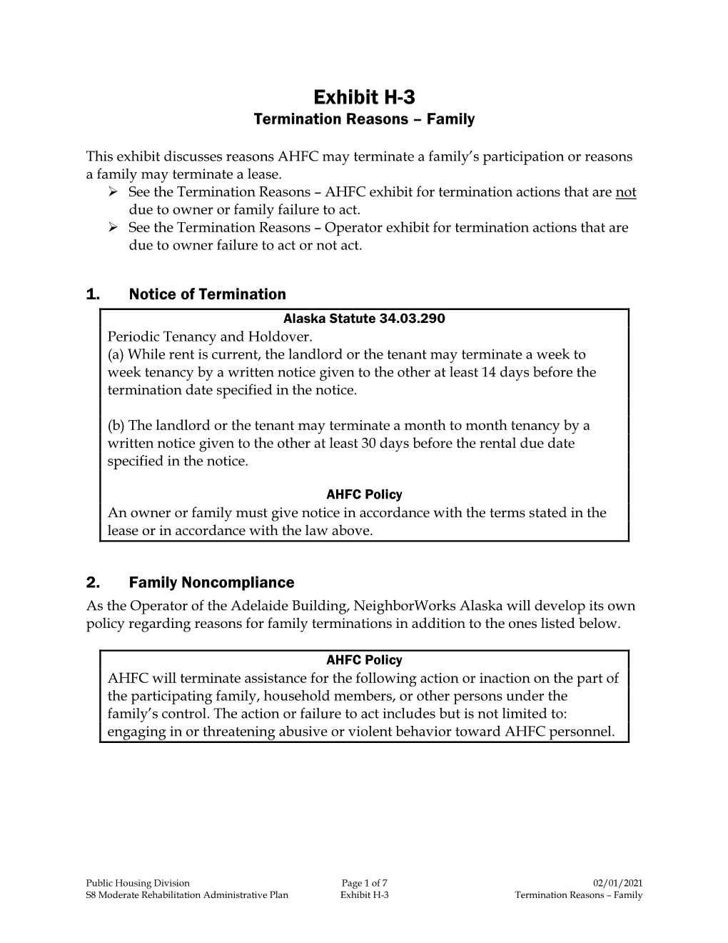 Exhibit H-3 Termination Reasons – Family