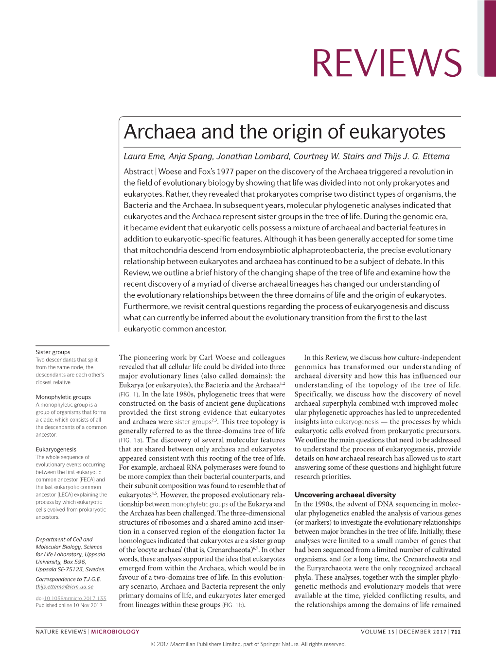 Archaea and the Origin of Eukaryotes