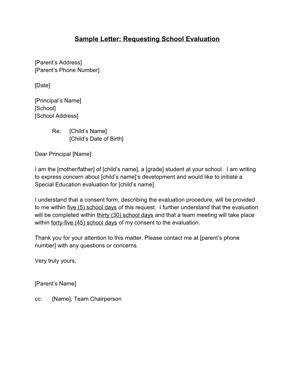 Sample Letter : Requesting School Evaluation