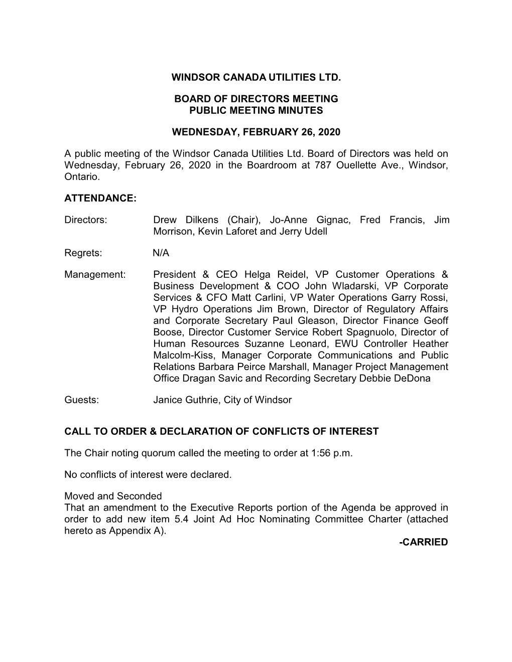 Windsor Canada Utilities Ltd. Public Meeting Minutes February 26, 2020