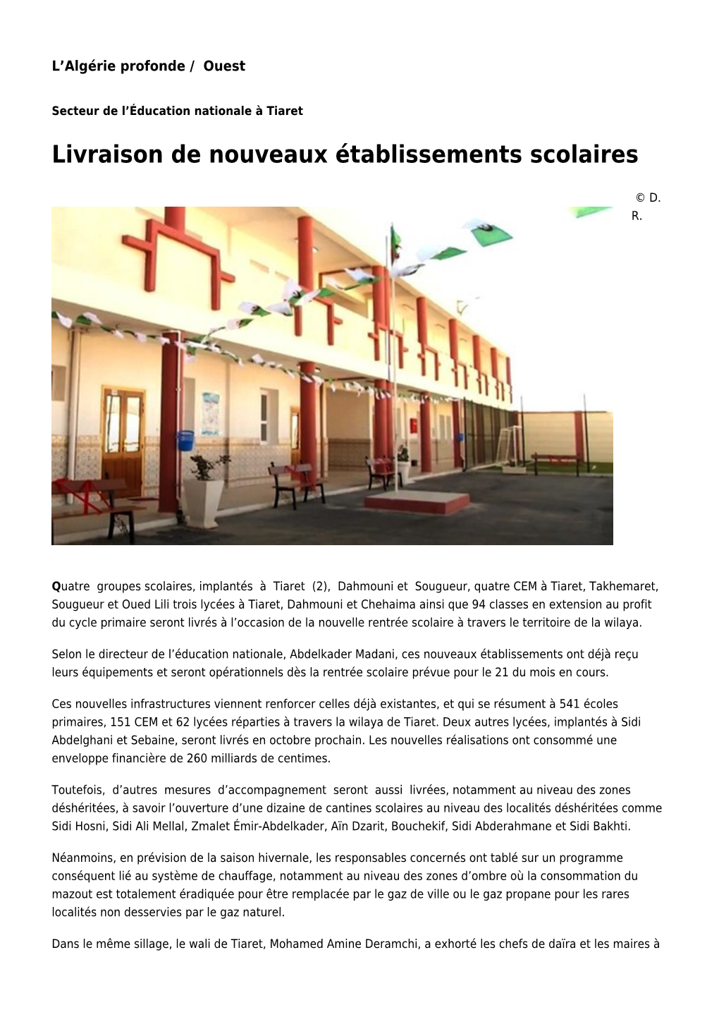 Livraison De Nouveaux Établissements Scolaires