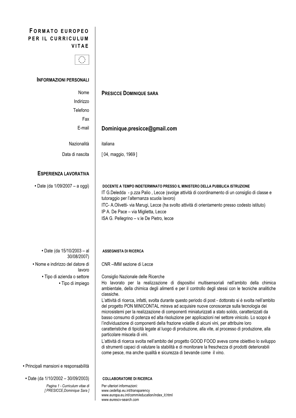 Formato Europeo Per Il Curriculum Vitae