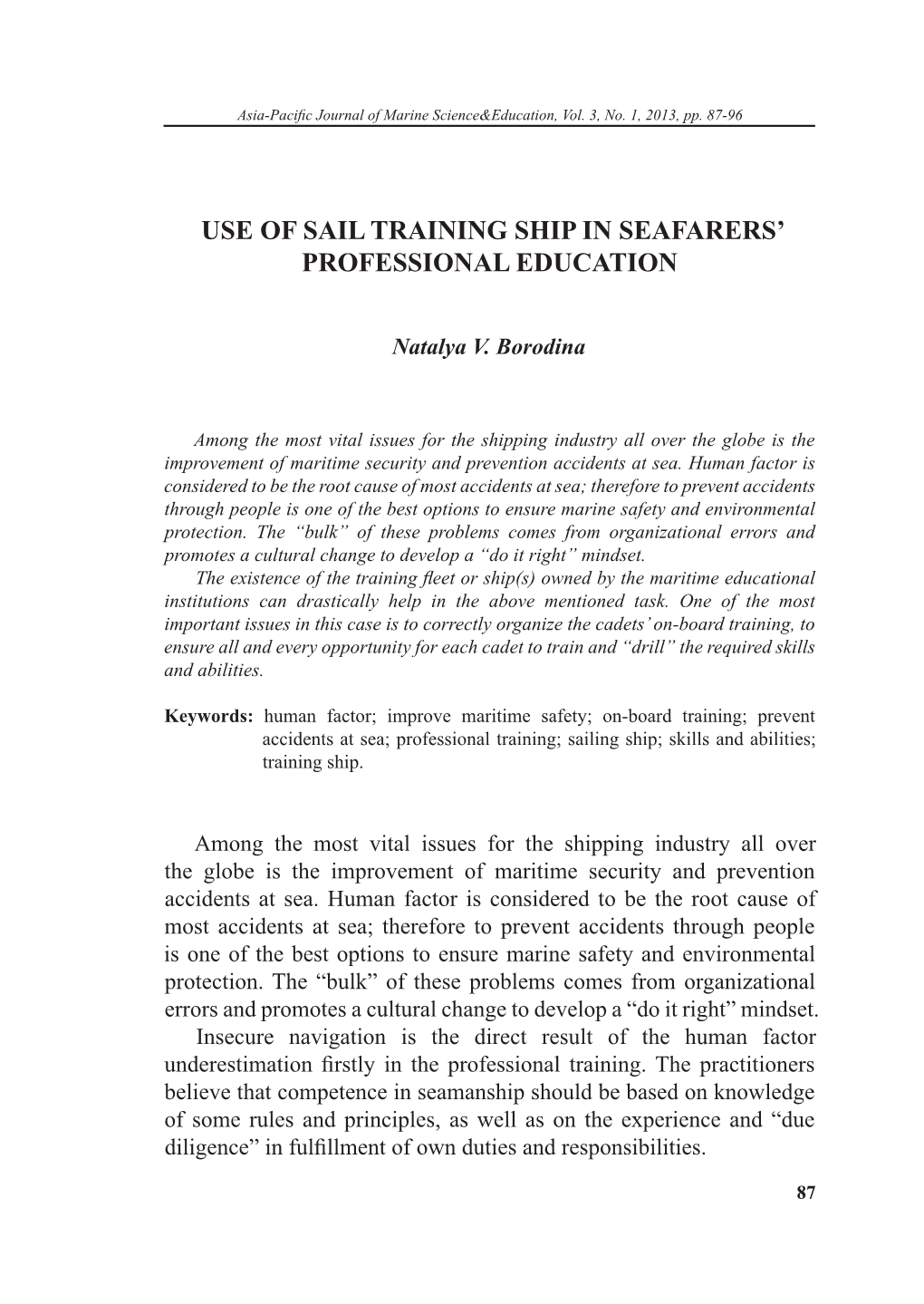 Use of Sail Training Ship in Seafarers' Professional