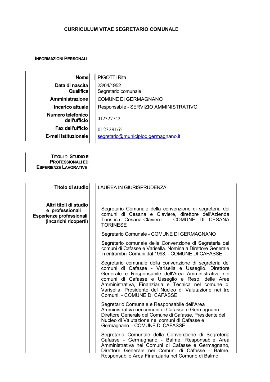 Curriculum Vitae Segretario Comunale