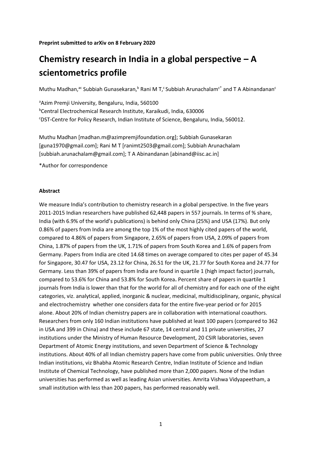 Chemistry Research in India in a Global Perspective – a Scientometrics Profile