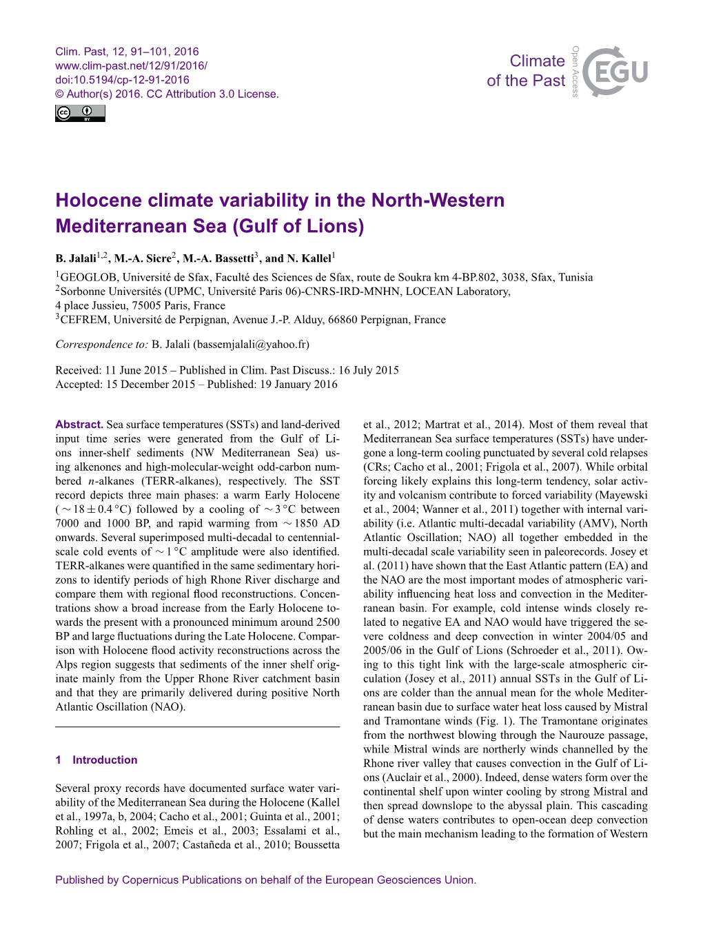 Holocene Climate Variability in the North-Western Mediterranean Sea (Gulf of Lions)