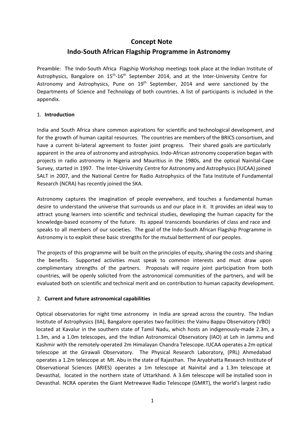 Concept Note Indo-South African Flagship Programme in Astronomy