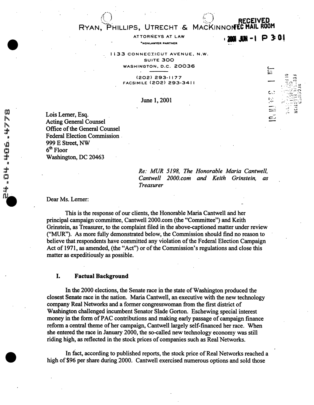 June 1,2001 Lois Lerner, Esq. Acting General Counsel Oflice of The