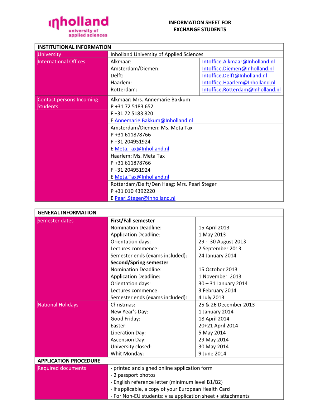 Information Sheet for Exchange Students Institutional Information