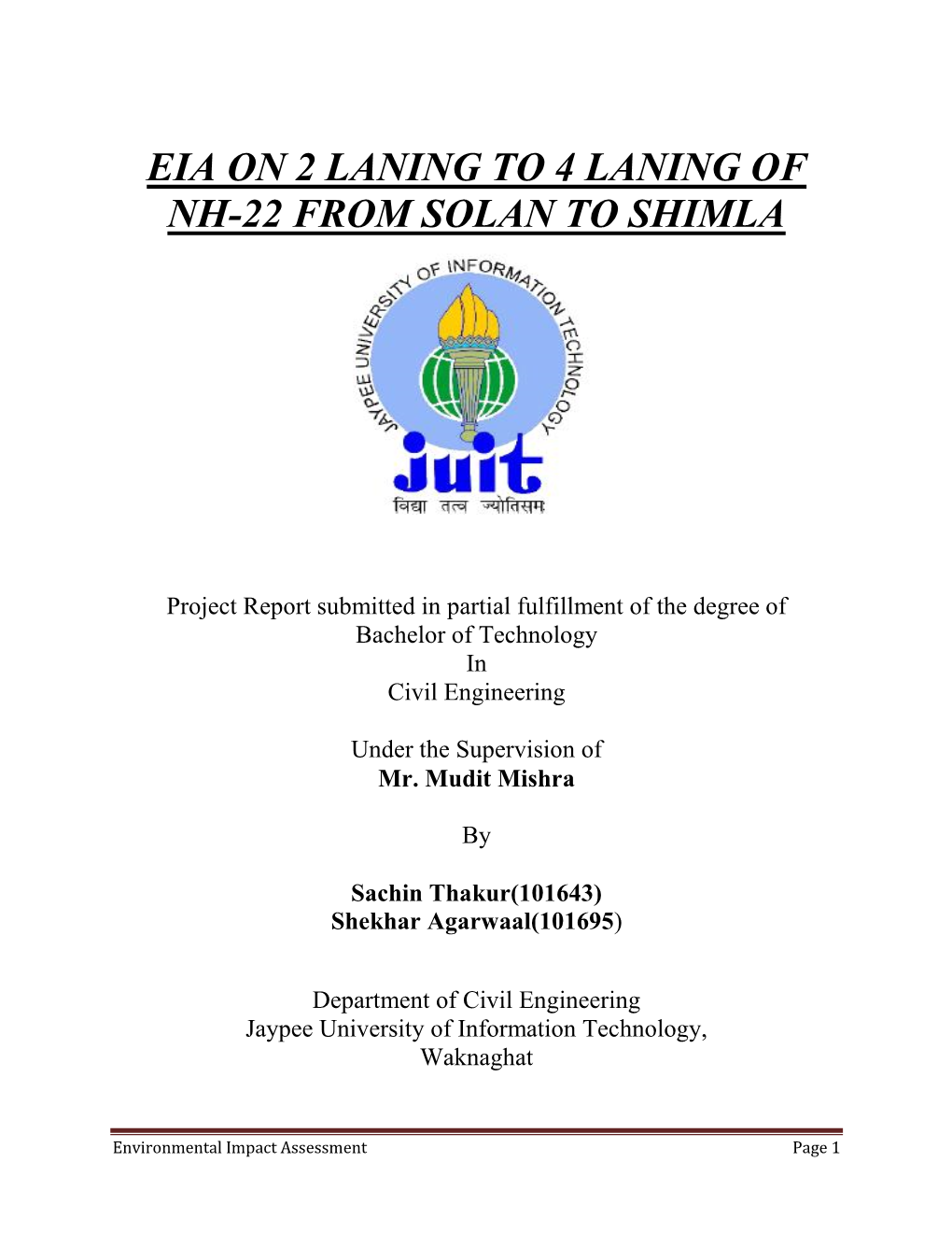 Eia on 2 Laning to 4 Laning of Nh-22 from Solan to Shimla