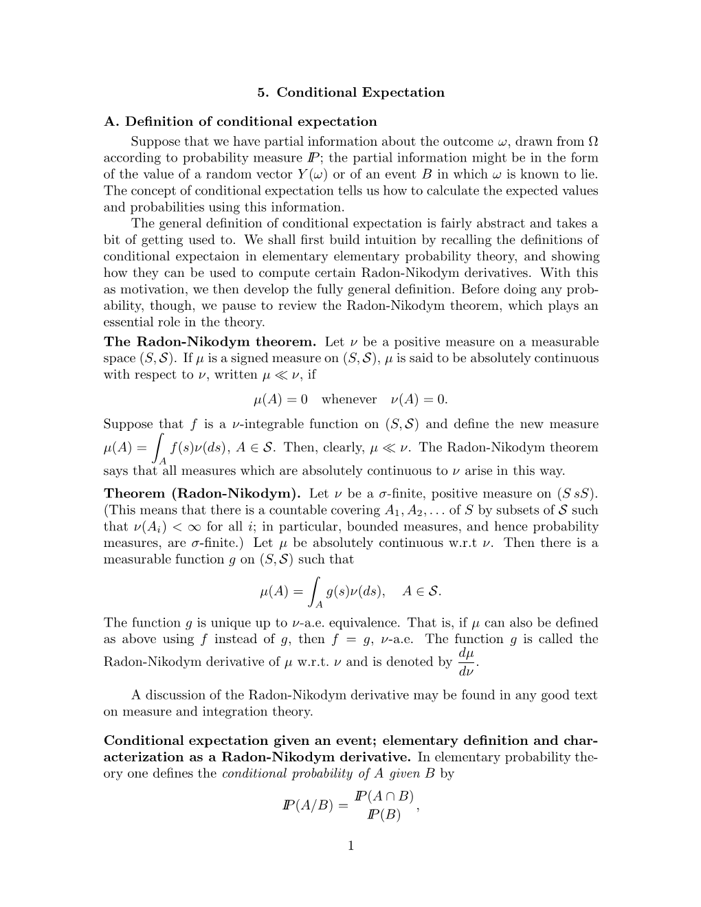 5. Conditional Expectation A. Definition of Conditional Expectation