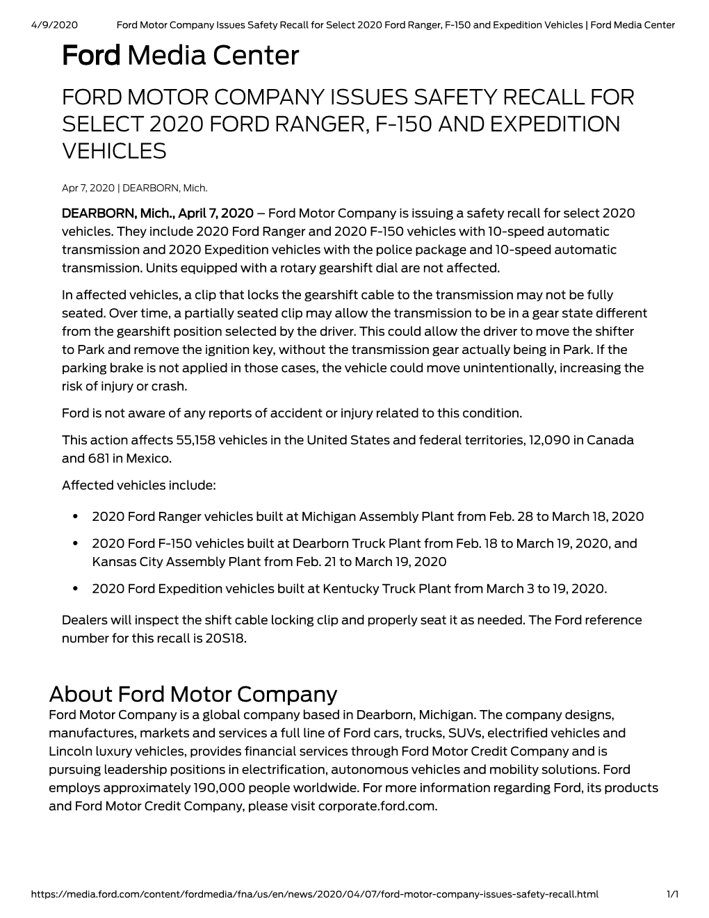 Ford Media Center Ford Media Center FORD MOTOR COMPANY ISSUES SAFETY RECALL for SELECT 2020 FORD RANGER, F-150 and EXPEDITION VEHICLES