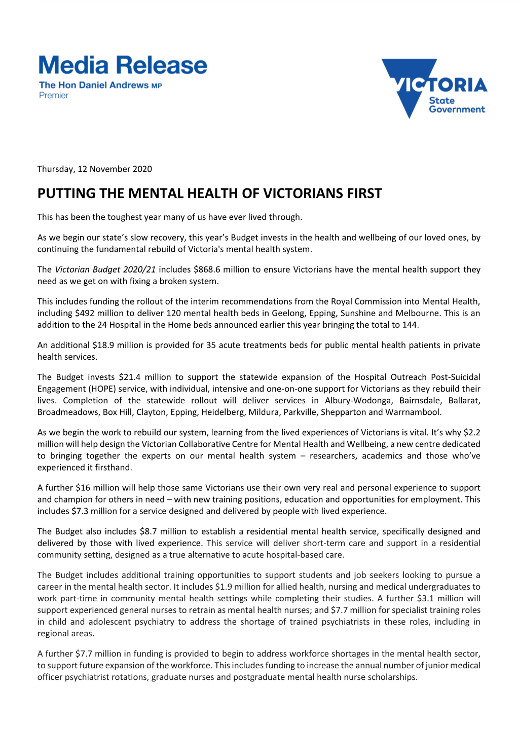 Putting the Mental Health of Victorians First