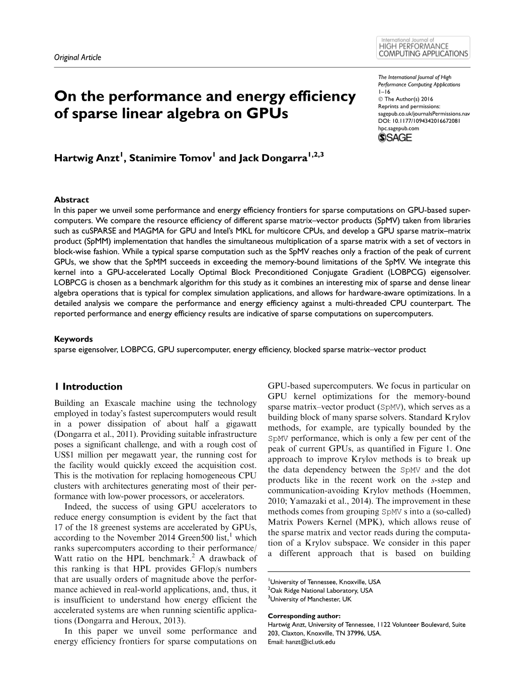 On the Performance and Energy Efficiency of Sparse Linear Algebra on Gpus