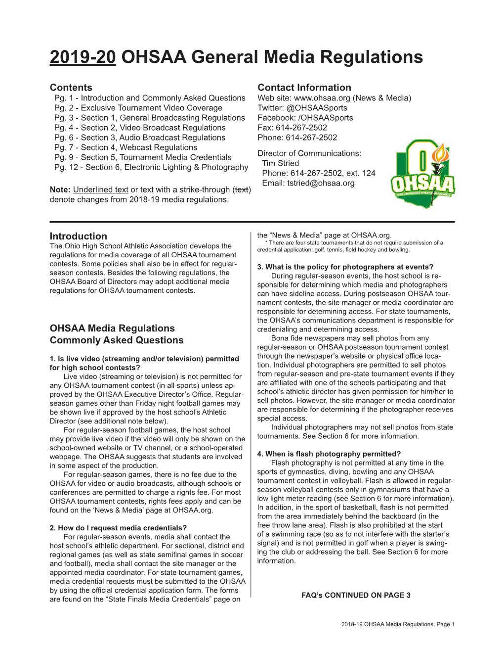 2019-20 OHSAA General Media Regulations