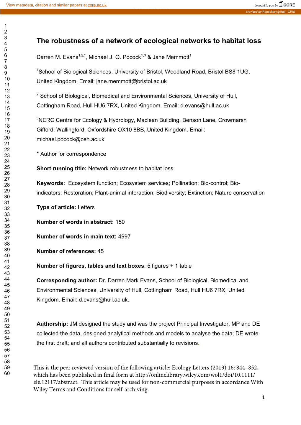 The Robustness of a Network of Ecological Networks to Habitat Loss 5 6 Darren M