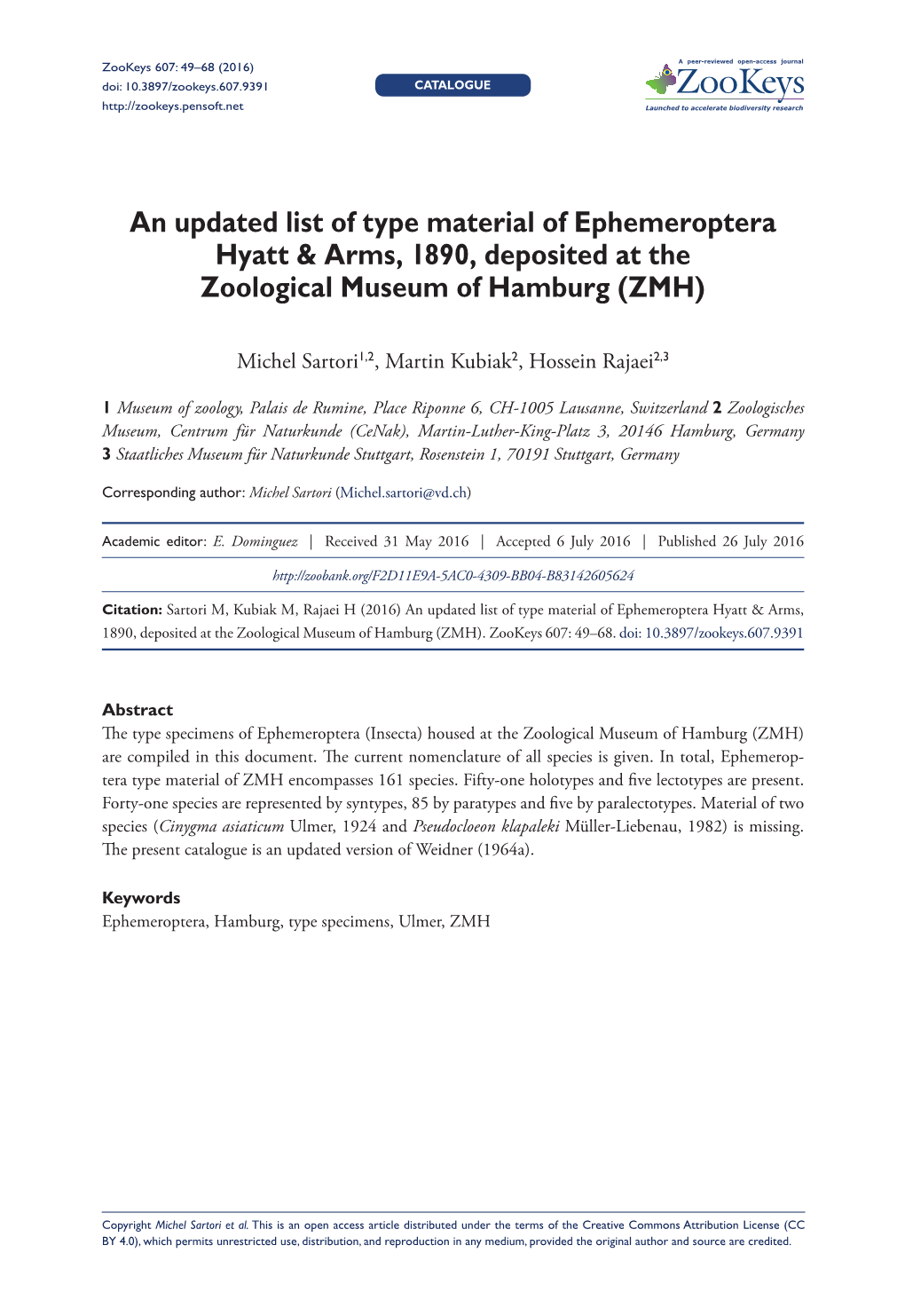 An Updated List of Type Material of Ephemeroptera Hyatt & Arms, 1890, Deposited at the Zoological Museum of Hamburg (ZMH)