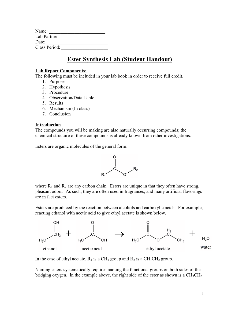 Ester Synthesis Lab (Student Handout)