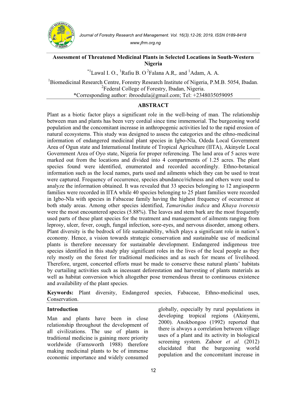 Assessment of Threatened Medicinal Plants in Selected Locations in South-Western Nigeria *1Lawal I