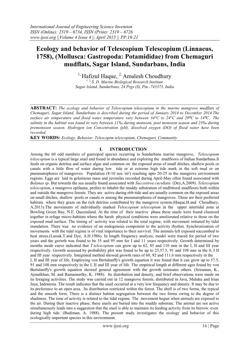 Ecology and Behavior of Telescopium Telescopium (Linnaeus, 1758), (Mollusca: Gastropoda: Potamididae) from Chemaguri Mudflats, S