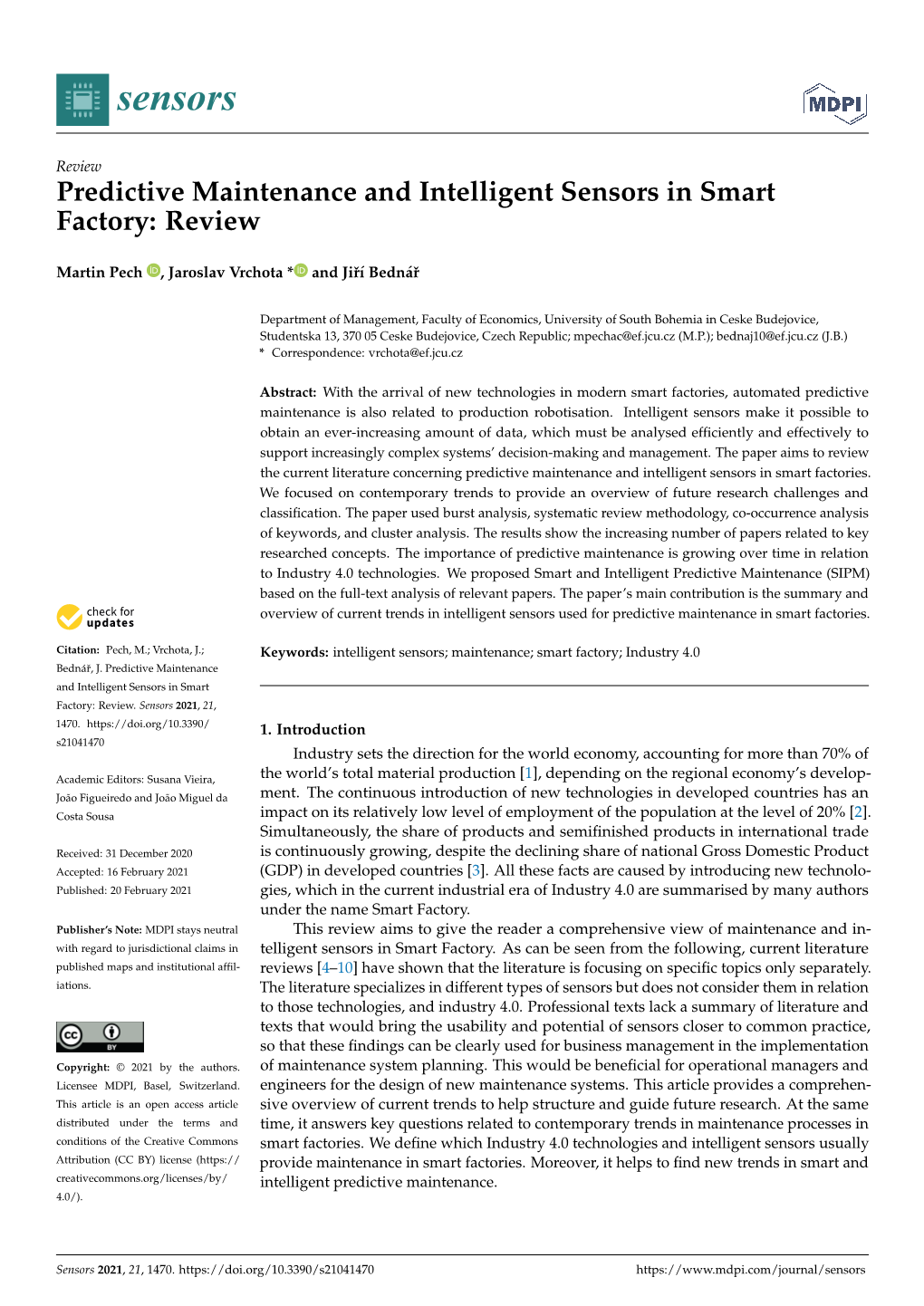 Predictive Maintenance and Intelligent Sensors in Smart Factory: Review