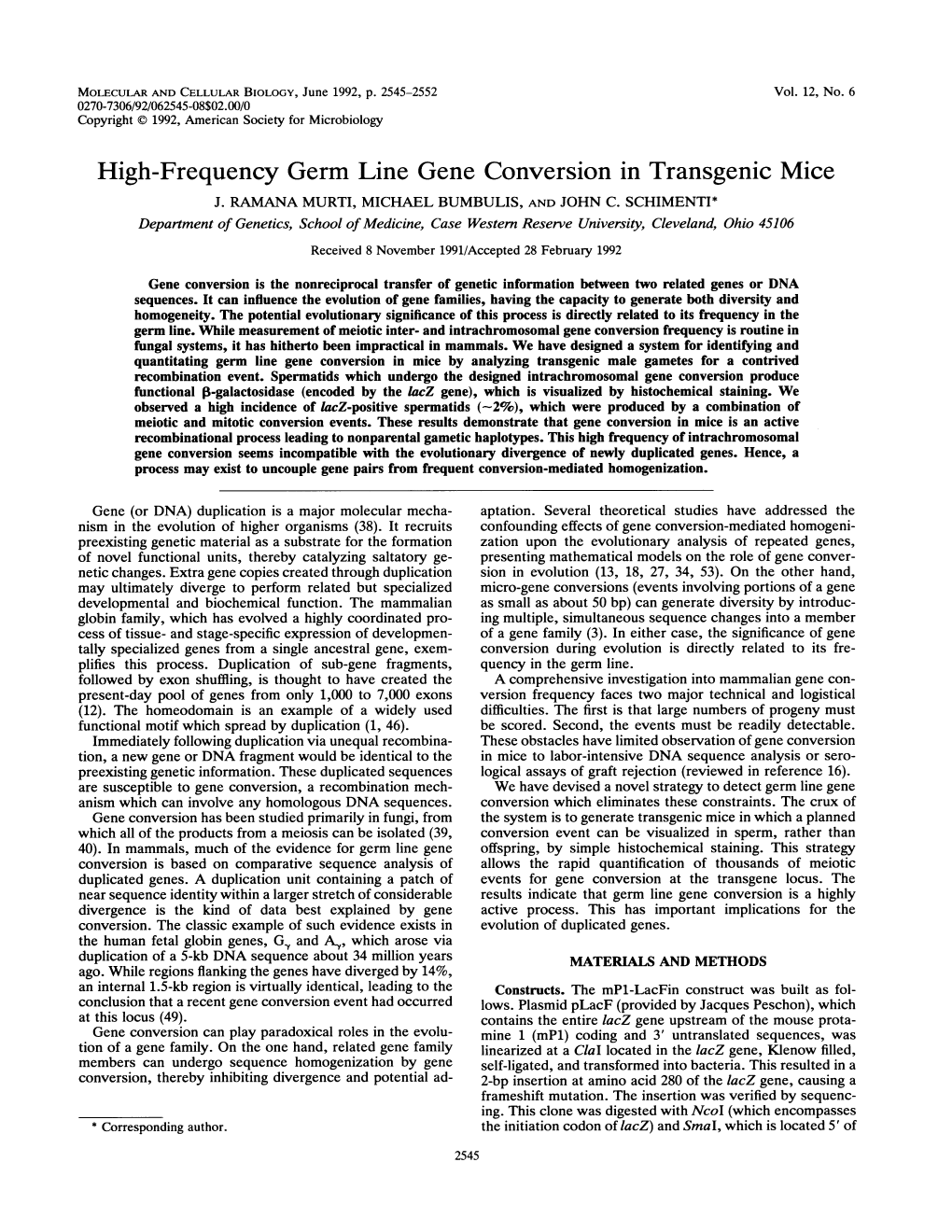 High-Frequency Germ Line Gene Conversion in Transgenic Mice J