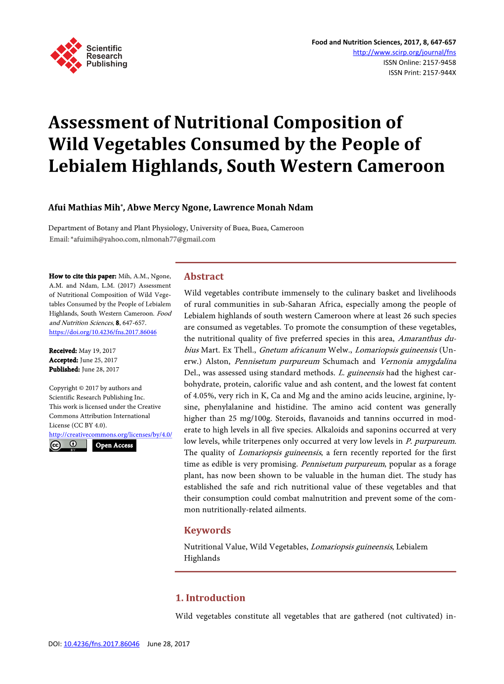 Assessment of Nutritional Composition of Wild Vegetables Consumed by the People of Lebialem Highlands, South Western Cameroon