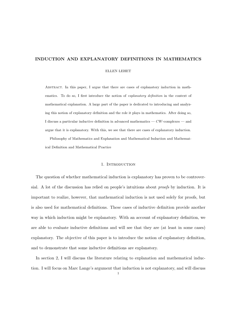 INDUCTION and EXPLANATORY DEFINITIONS in MATHEMATICS 1. Introduction the Question of Whether Mathematical Induction Is Explanato