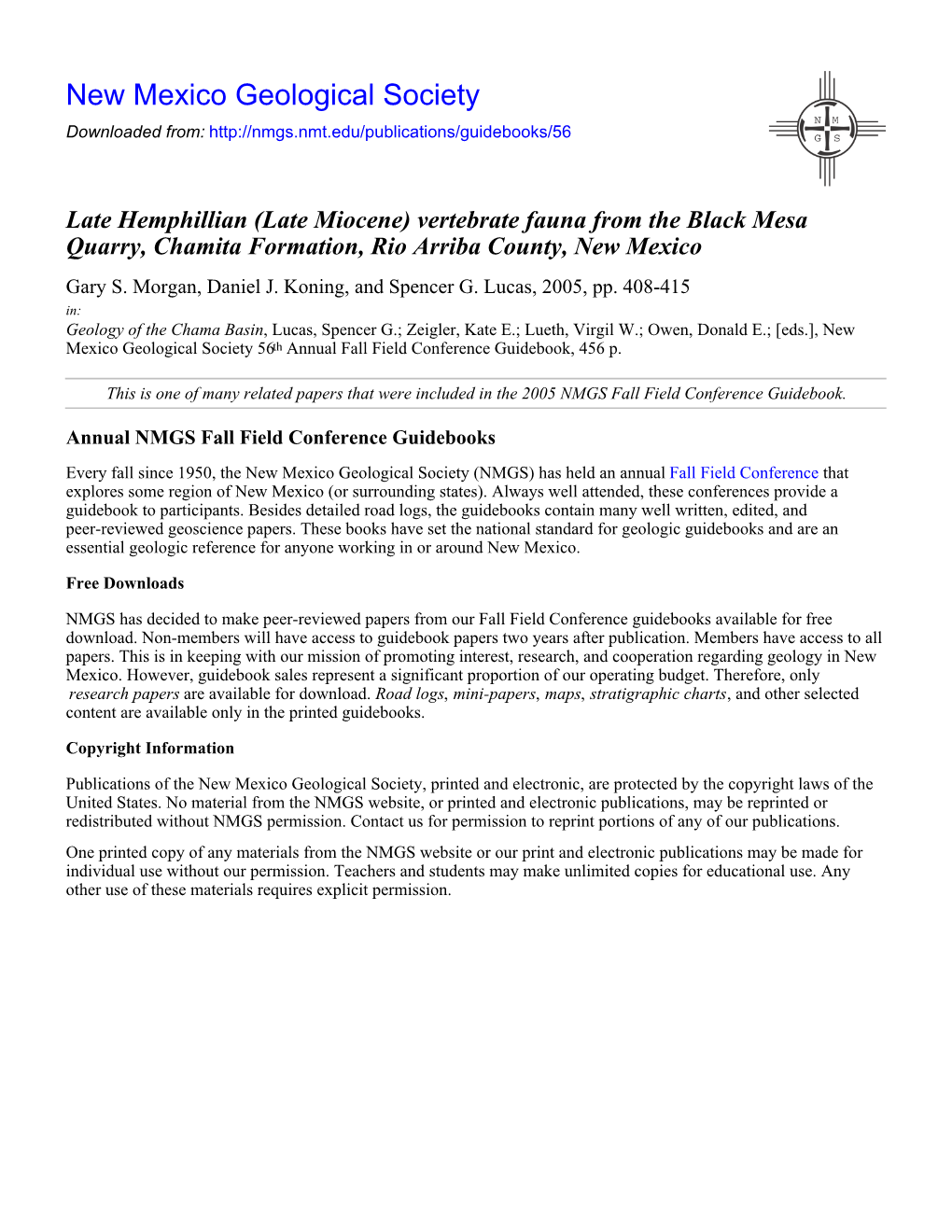 Vertebrate Fauna from the Black Mesa Quarry, Chamita Formation, Rio Arriba County, New Mexico Gary S