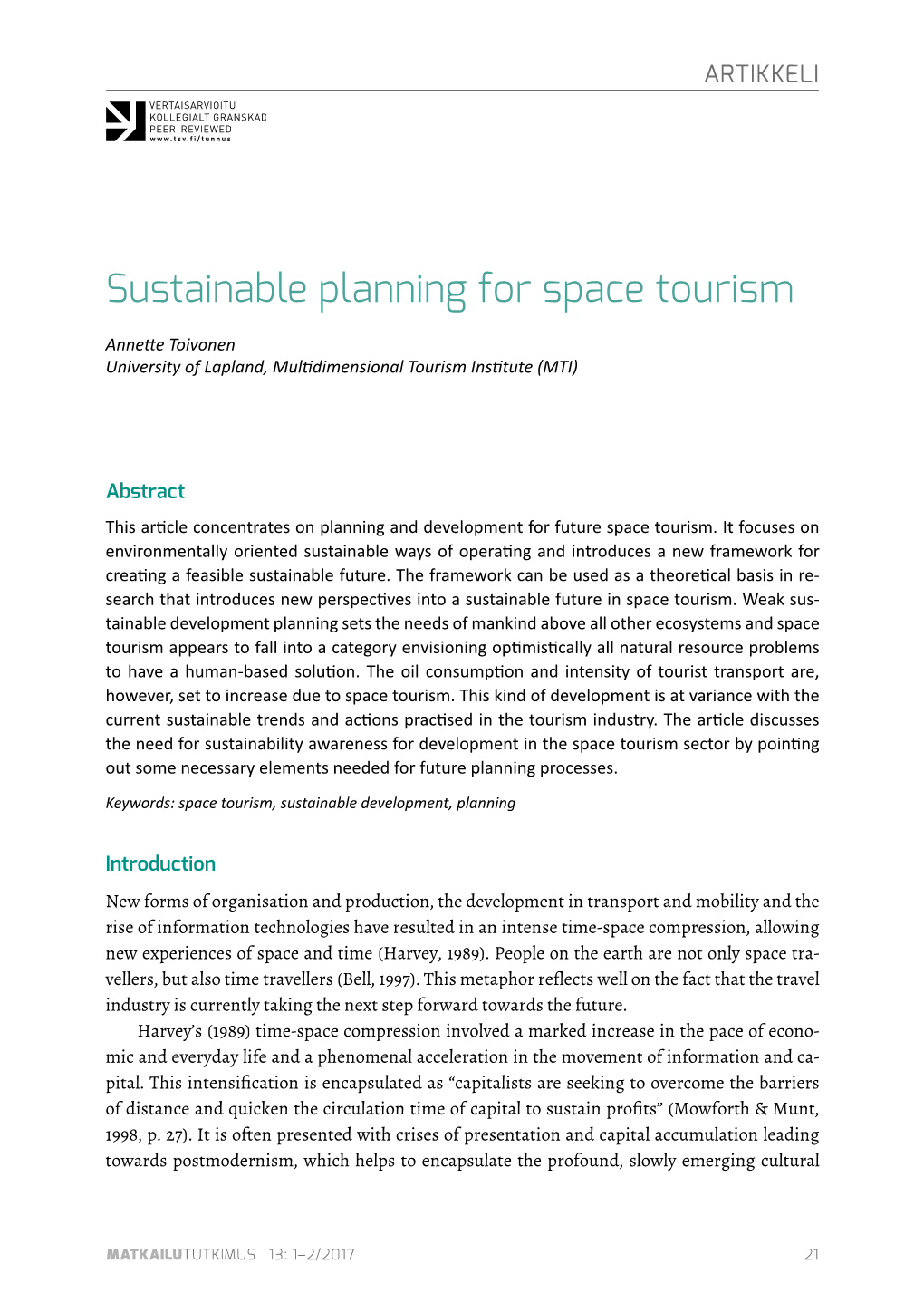 Sustainable Planning for Space Tourism