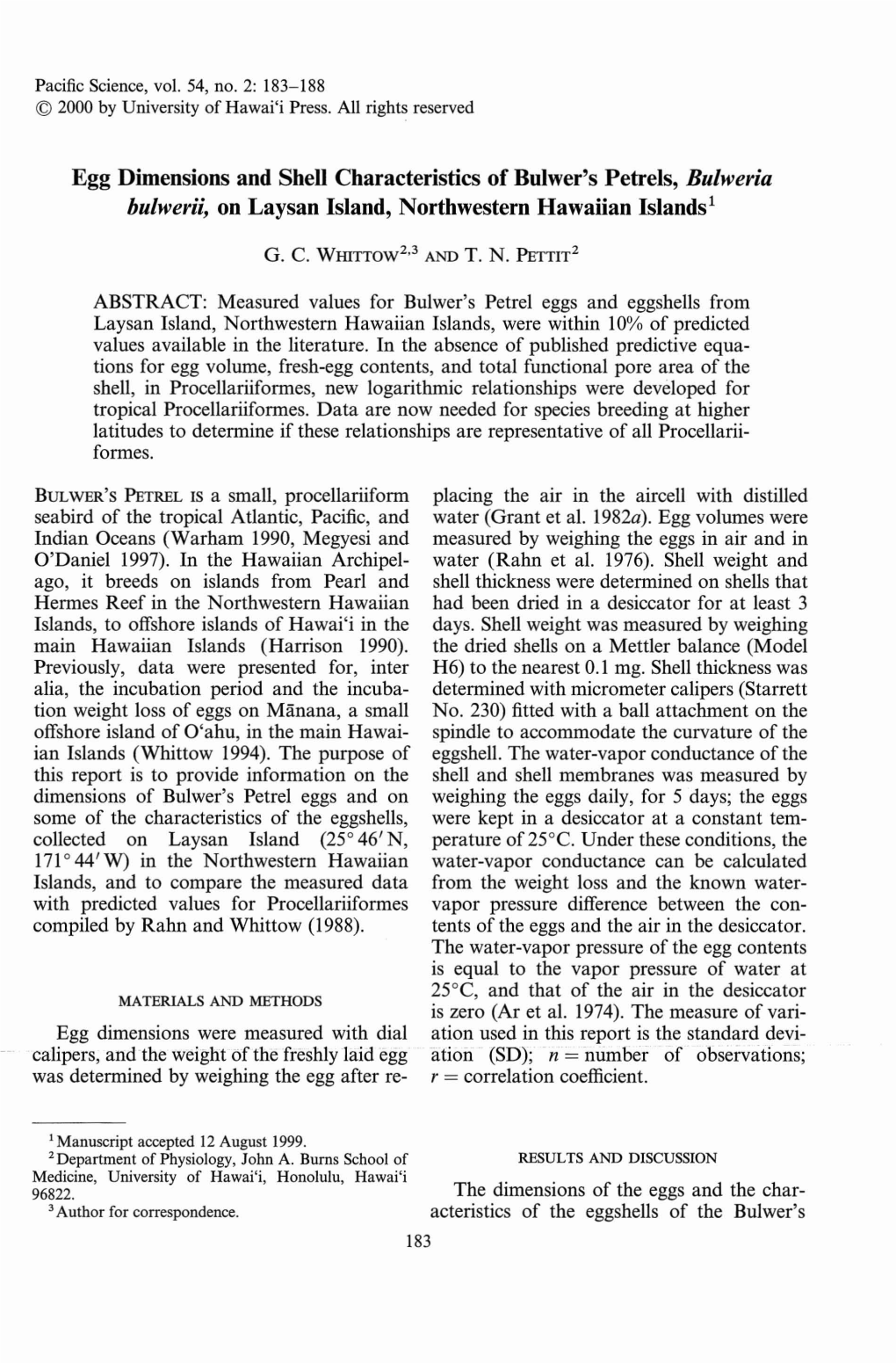 Egg Dimensions and Shell Characteristics of Bulwer's Petrels, Bulweria Bulwerii, on Laysan Island, Northwestern Hawaiian Islands!