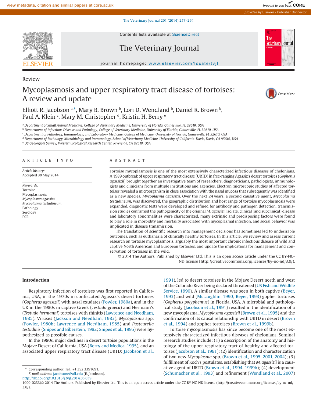 Mycoplasmosis and Upper Respiratory Tract Disease of Tortoises: a Review and Update Elliott R