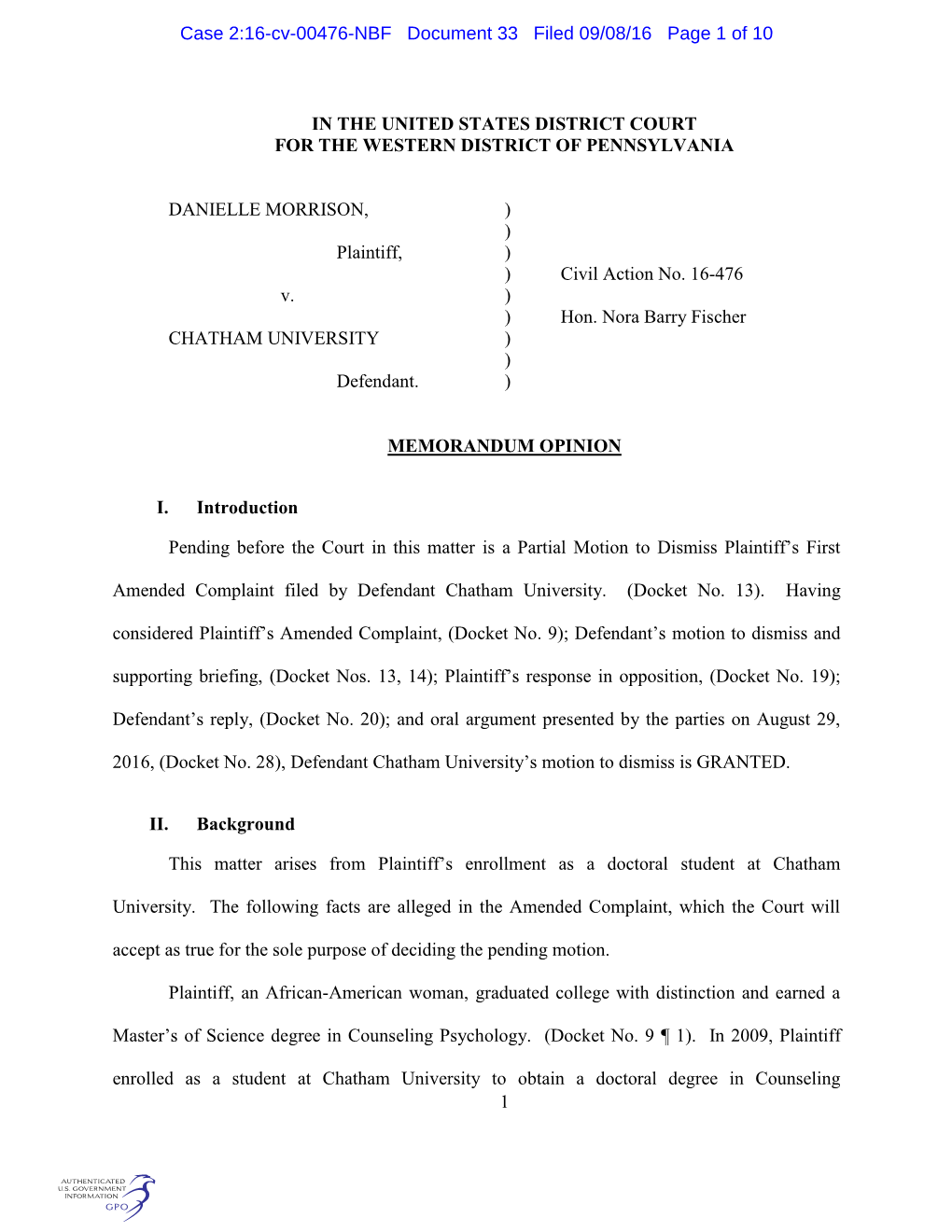 Case 2:16-Cv-00476-NBF Document 33 Filed 09/08/16 Page 1 of 10