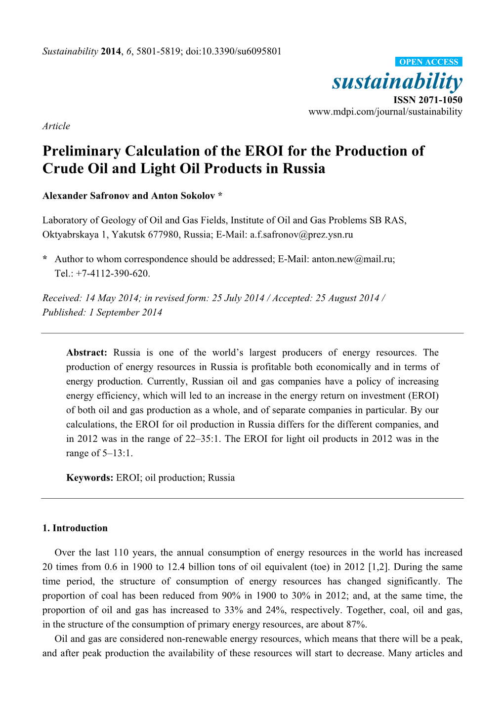Preliminary Calculation of the EROI for the Production of Crude Oil and Light Oil Products in Russia