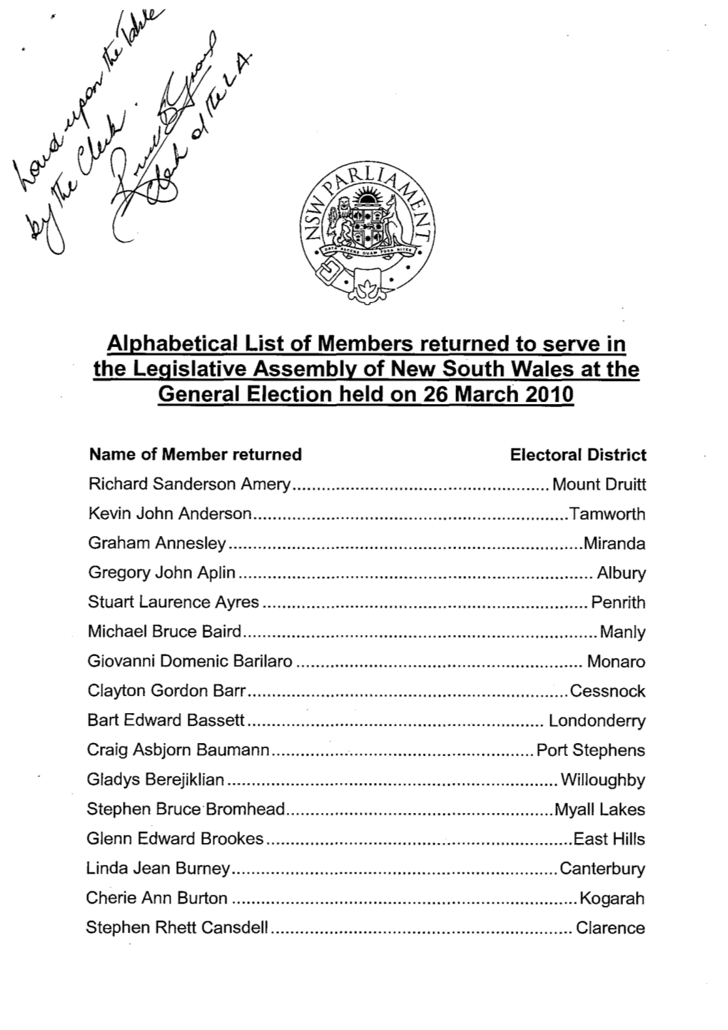 Alphabetical List of Members Returned to Serve in the Legislative Assembly of New South Wales at the General Election Held on 26 March 2010