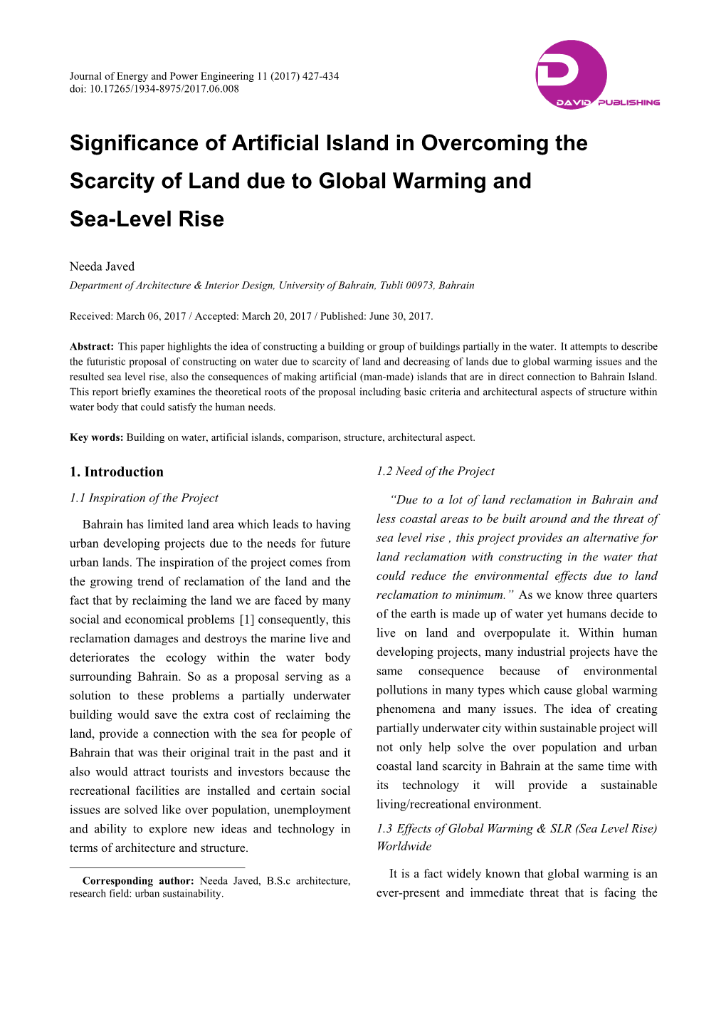 Significance of Artificial Island in Overcoming the Scarcity of Land Due to Global Warming and Sea-Level Rise