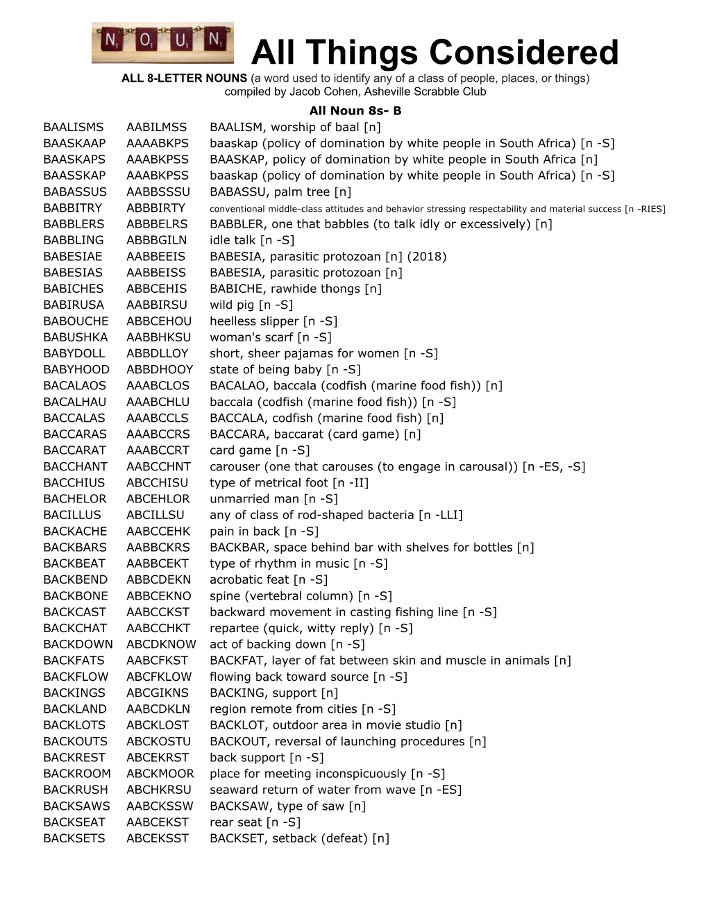 Things Considered ALL 8-LETTER NOUNS (A Word Used to Identify Any of a Class of People, Places, Or Things) Compiled by Jacob Cohen, Asheville Scrabble Club