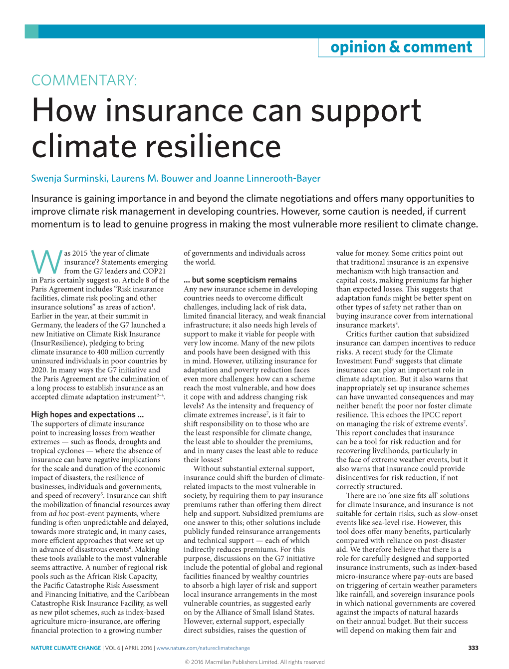 How Insurance Can Support Climate Resilience Swenja Surminski, Laurens M