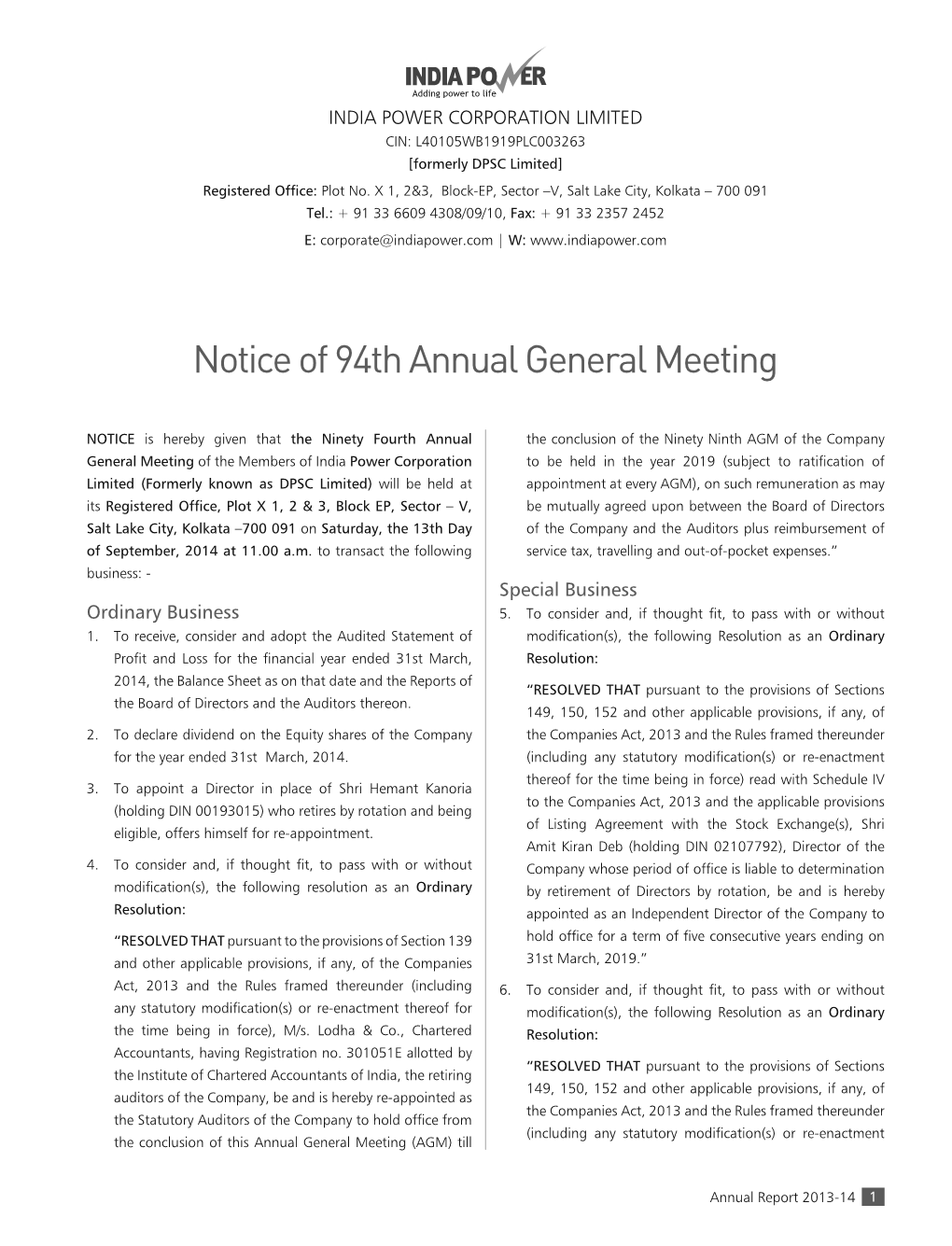 Annual Report 2013-14 1 Thereof for the Time Being in Force) Read with Schedule IV 9