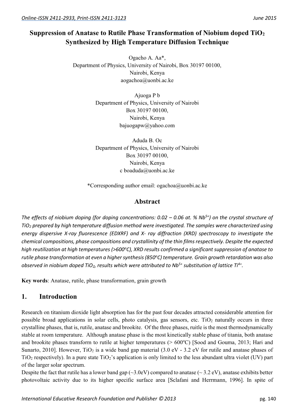 Suppression of Anatase to Rutile Phase Transformation of Niobium Doped Tio2 Synthesized by High Temperature Diffusion Technique